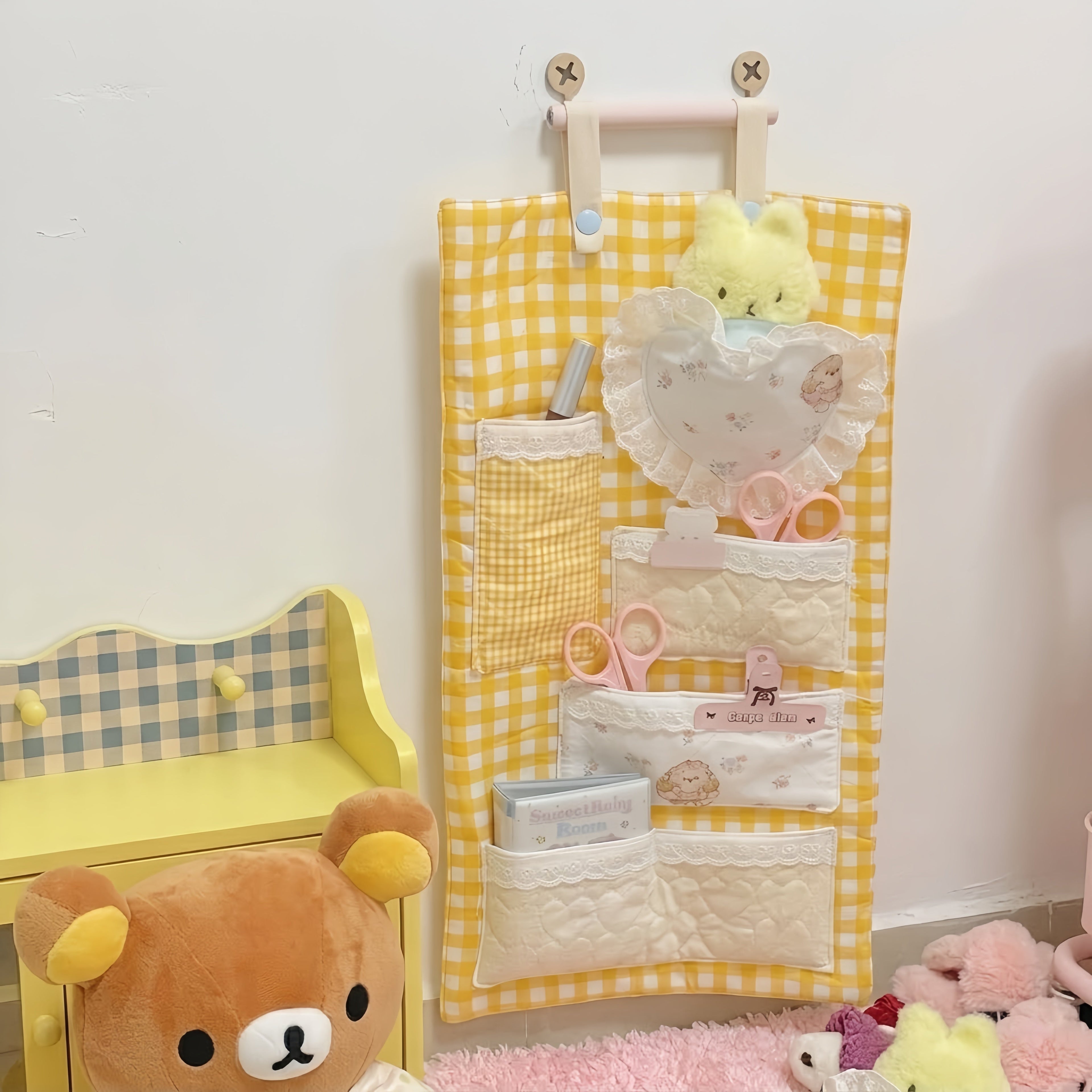 Vintage Gingham Wall Hanging Organizer