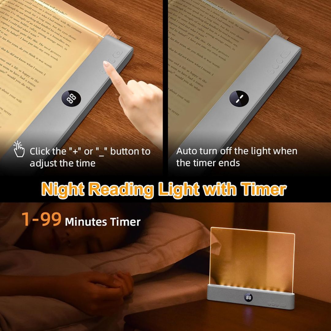Rechargeable 2-in-1 LED Book Light with Timer, Soft Eye-Caring Night Reading Lamp